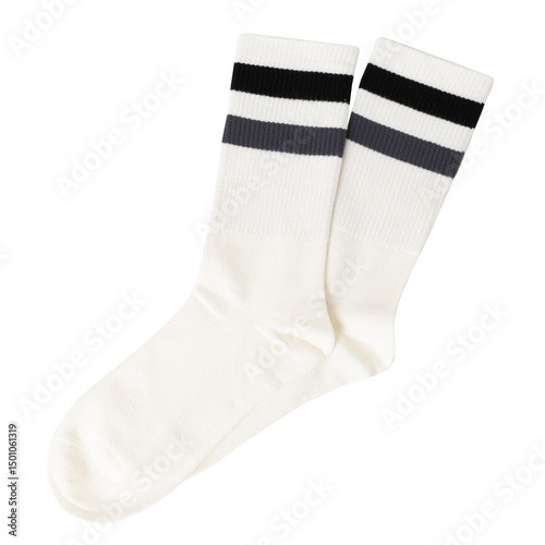 White cotton crew socks with black and gray stripes on a transparent or white background.