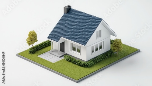 Miniature model of a small, white house with a blue roof, situated on a grassy patch.  Small trees and bushes flank the house