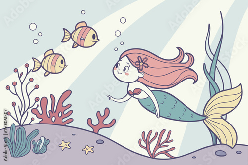 Cute Mermaid with Two Fish in Underwater Scene