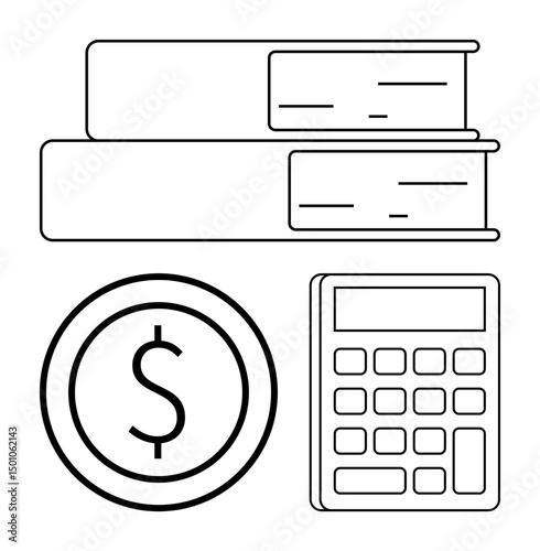 Stack of books, coin with dollar sign, and calculator visually represent finance, accounting, budgeting, tax planning, learning, organization, education small business simple landing page