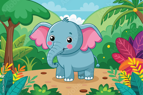 Cute Baby Elephant in Lush Tropical Jungle Setting