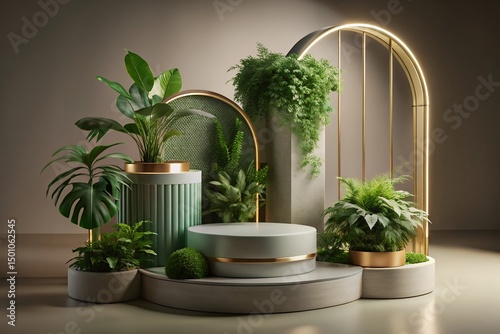Biophilic Podium Design with Lush Greenery and Gold Accents