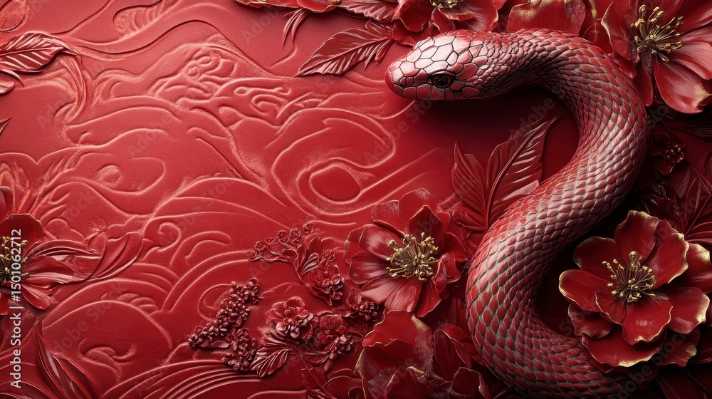 Obraz premium Red snake slithers through flowers, decorative carvings in the background