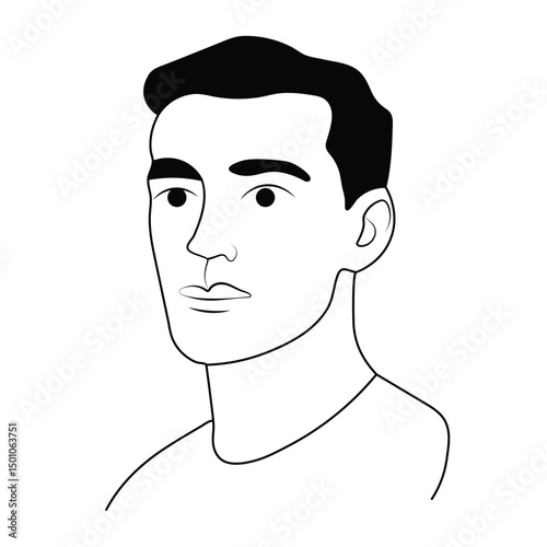 Vector cartoon portrait of a smiling young guy's head with black hair, a fun character illustration