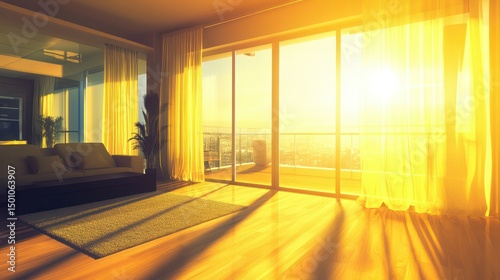 Sunlit modern living room with city view, hardwood floors, and sheer curtains photo