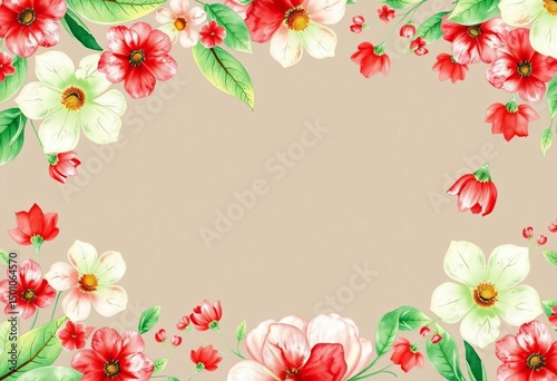 Watercolor red and green floral border, seamless repeat pattern for spring designs, floral, vintage