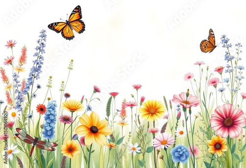 Watercolor wildflowers, butterflies, dragonflies horizontal border Summer meadow floral seamless pattern, beautiful, botanical