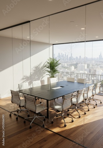 Modern Boardroom With City View Through Glass Wall Photo