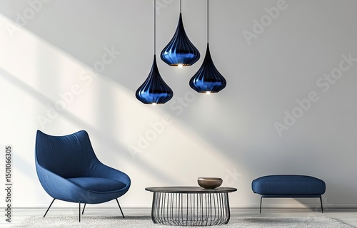 Modern minimalist living room scene with blue accents. Sunlight streams into a white room featuring a deep blue armchair and matching ottoman, complemented by a dark metal coffee 