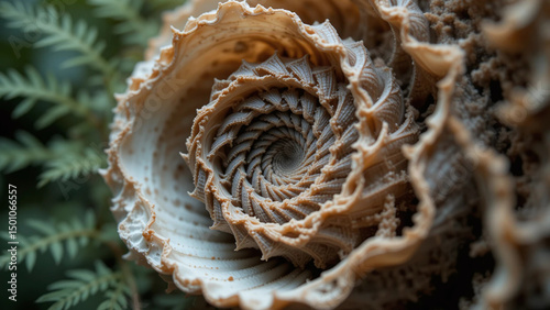 Detailed macro shot of a seashell's chambered spiral structure, illuminated by gentle natural light, emphasizing the Fibonacci sequence and the organic symmetry found in natural forms