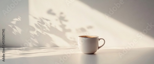Simple white coffee cup on a white surface, with dramatic shadows of leaves