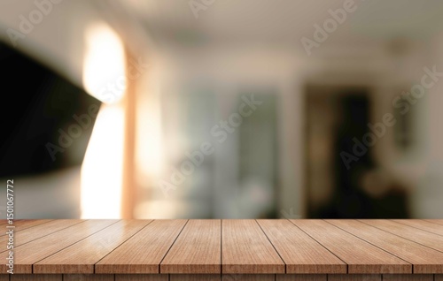 Empty wooden table top with lights bokeh on blur restaurant background.