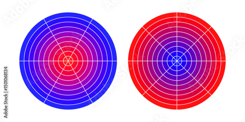 Two concentric circles with gradation from red to blue with 45 and 60 degrees angles. Round gradient diagrams divided into 6 or 8 sectors. Target or radar scheme. Vector illustration.