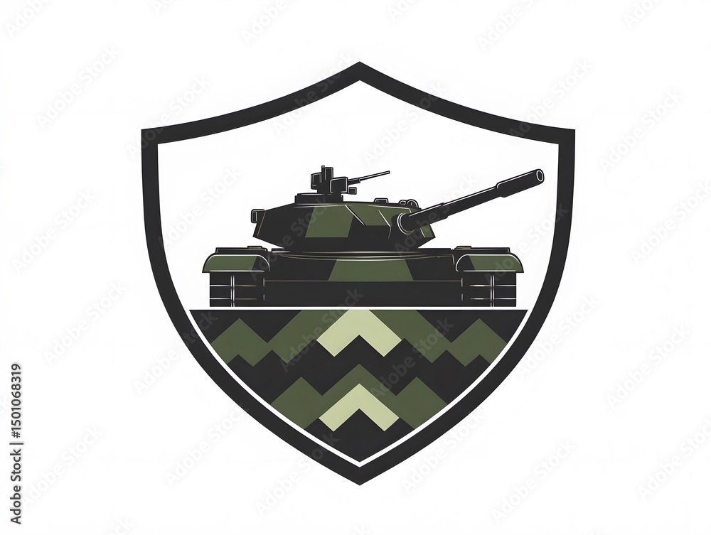 Fototapeta premium Modern Military Tank Iconography: Vector Design Emblem with Camo Patterns and Shield Logo for Strategic Defense and Armored Warfare