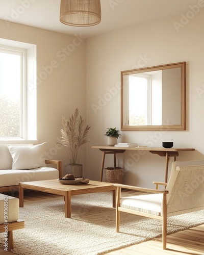 Light-filled, minimalist living room with wooden furniture and a neutral color palette