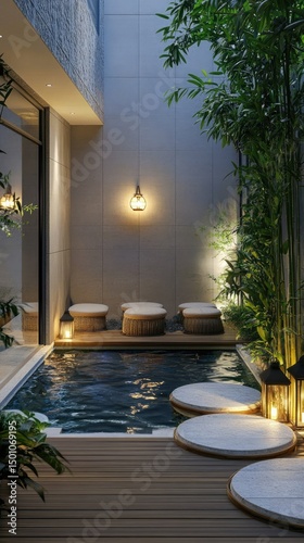 A serene courtyard pool area at night. Lush greenery,  natural light, and comfortable seating surround a small, tranquil pool