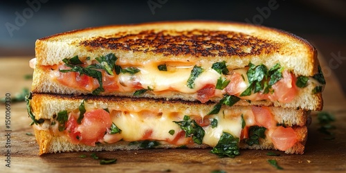 Artisan Grilled Cheese Sandwich with Melted Cheese, Fresh Tomatoes, and Herbs on Toasted Bread