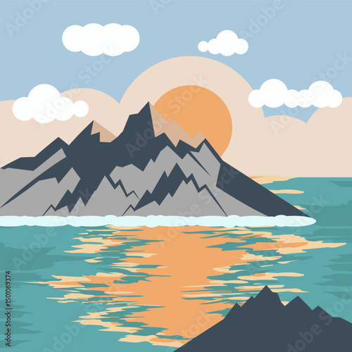 Abstract sunset in the mountains. Illustration of sunset over mountains in the ocean in a minimalist style.