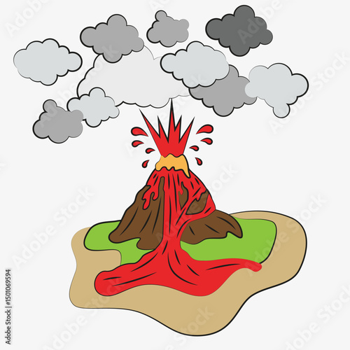 Volcano eruption - colorful illustration with lava. For educational materials, presentations on geography, nature or disasters.