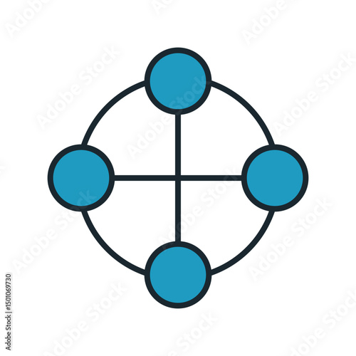 Minimalist icon of distributed system with blue circles linked by curved and straight lines