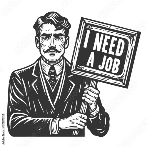 serious man in a suit holding a wooden sign reading I NEED A JOB, symbolizing unemployment and economic struggle sketch engraving generative ai vector illustration. Scratch board. Black and white.