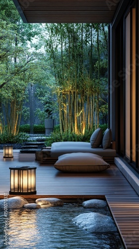 Tranquil outdoor patio area with water feature, lush greenery, and comfortable seating