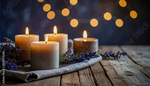 A table with candles and lavender flowers. The candles are lit and the flowers are purple. Scene is calm and relaxing