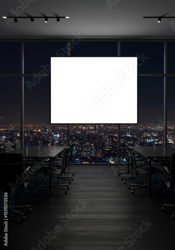 Modern Office Interior at Night with Blank Display Screen And City View Photo