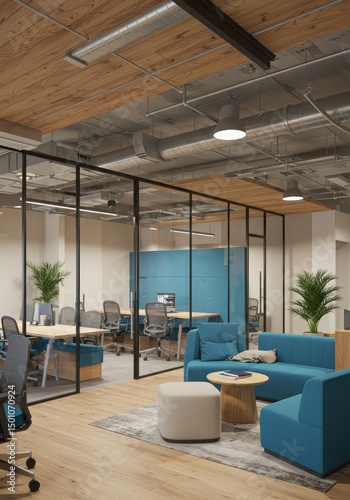 Modern Office Interior Photo with Blue Sofas Glass Walls and Wooden Accents