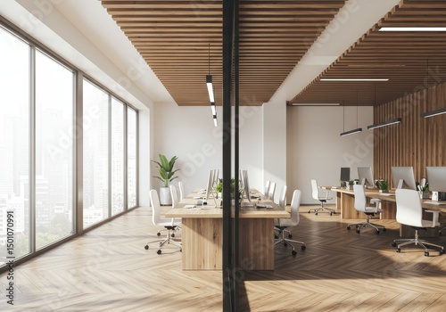 Modern Office Interior Photo with Bright Light and Wooden Furniture