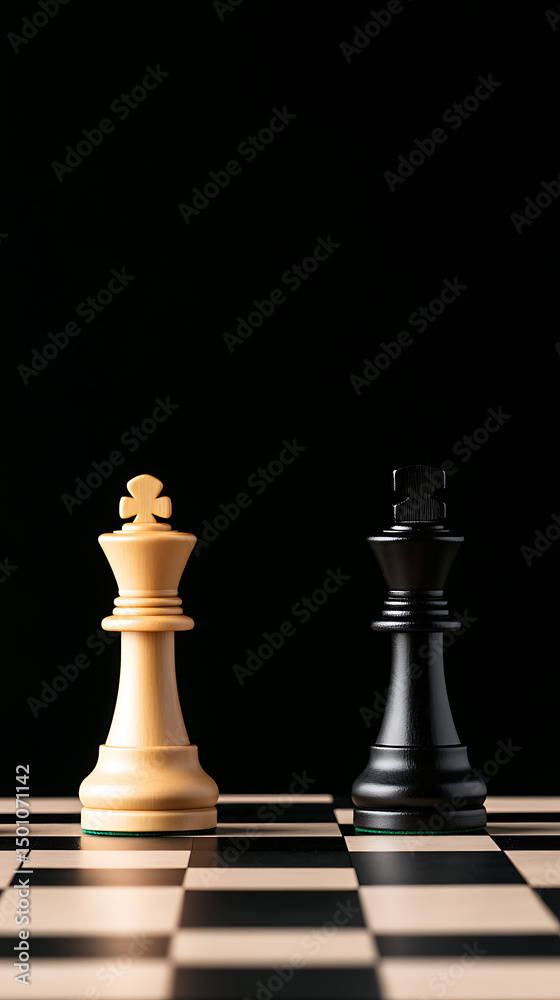 Chess Kings Face Off: A light king piece stands opposite a dark king piece, poised on a classic chessboard against a stark black backdrop. Chess Kings Face Off: A light king piece stands opposite a dark king piece, poised on a classic chessboard against a stark black backdrop.