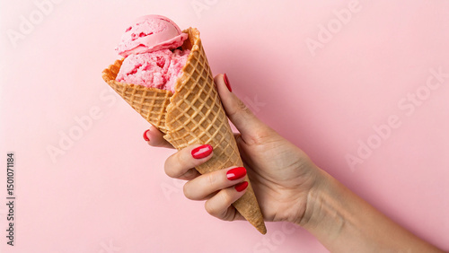 A hand holding a strawberry ice cream cone on a pink background