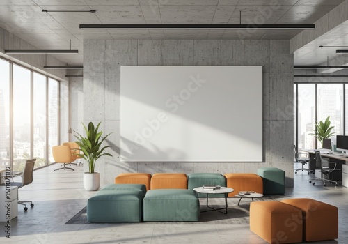 Modern Office Interior Photo With White Blank Wall Sofa and Green Plants