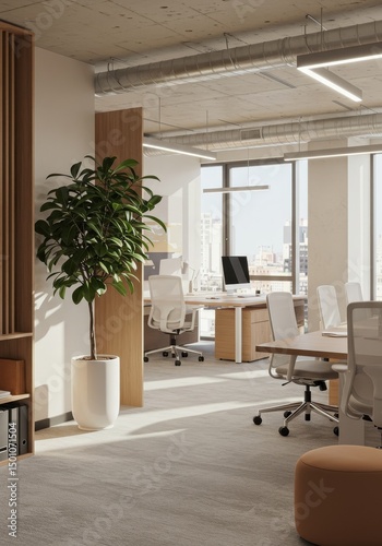 Modern Office Interior View with Plants and Natural Daylight Photo