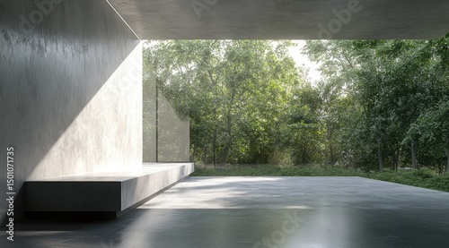 Modern concrete structure, sunlight filters through to lush trees