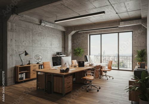 Modern Office Interior With Concrete Walls And Large Windows Photo