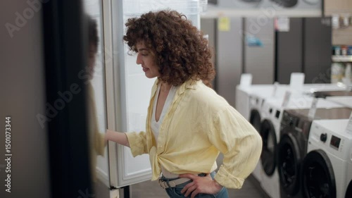 Woman choosing refrigerator in electronics store. Woman evaluating refrigerator in electronics store, opening and closing door while exploring available models and making purchasing decision.