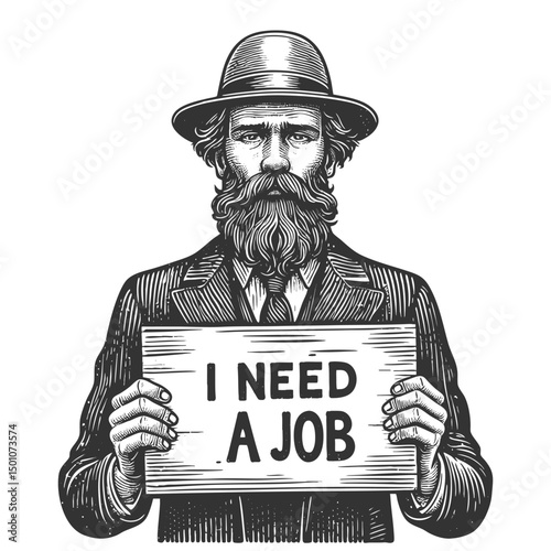 serious man in a suit holding a wooden sign reading I NEED A JOB, symbolizing unemployment and economic struggle sketch engraving generative ai vector illustration. Scratch board. Black and white.