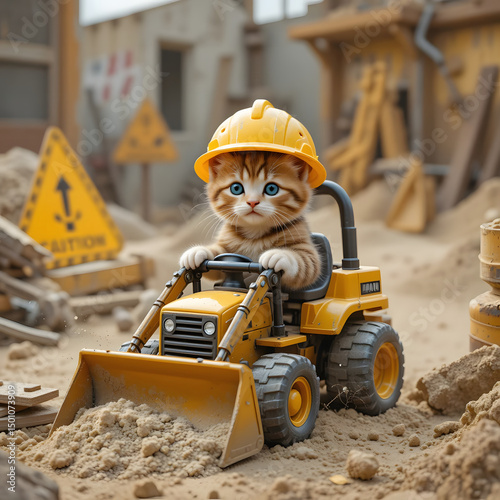 Cute Kitten Operating Toy Bulldozer Wearing Hard Hat at Construction Site