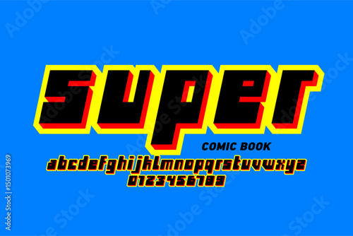 Super. Comic book style font, alphabet letters and numbers vector illustration