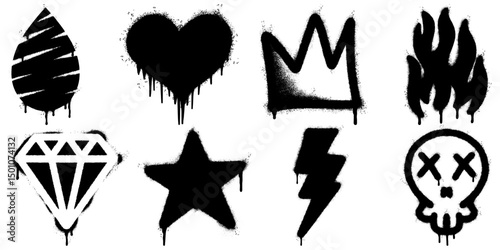 collection of black spray paint graffiti icons including lightning bolt, heart, crown, diamond, skull, star, drop, and flame.