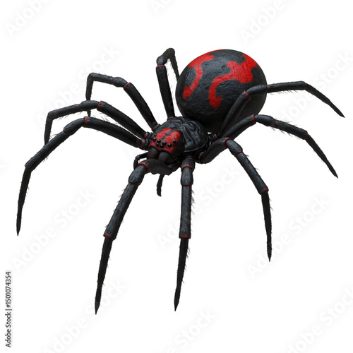 Detailed close-up of a black widow spider showcasing its distinct markings and anatomy