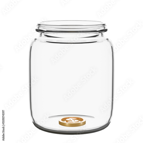 A transparent glass jar containing a single coin, symbolizing the start of saving, financial minimalism, limited funds, or the concept of beginning with just one small contribution.