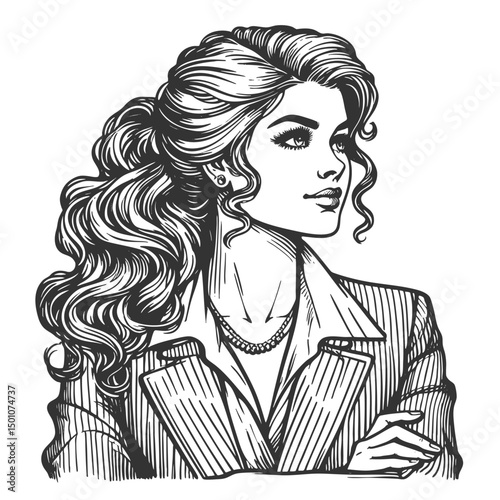 businesswoman with voluminous curly hair wearing a formal suit and blouse sketch engraving generative ai fictional character vector illustration. Scratch board imitation. Black and white image.