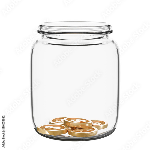 A clear glass jar with a small number of coins inside, representing modest savings, budgeting beginnings, pocket change storage, or minimal financial reserves.