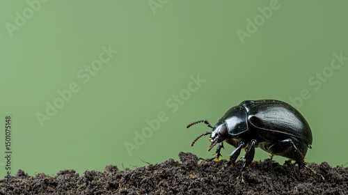 Close-up of a black beetle on a bed of soil. the beetle is facing towards the right side of the image and appears to be walking on the soil.