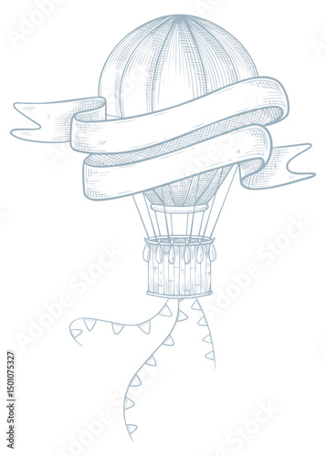 Vector illustration of a vintage air Balloon with a waving ribbon banner and festive garland. Linear drawing of retro Aircraft for Baby invitations design or nursery posters. Engraving of aerostat.