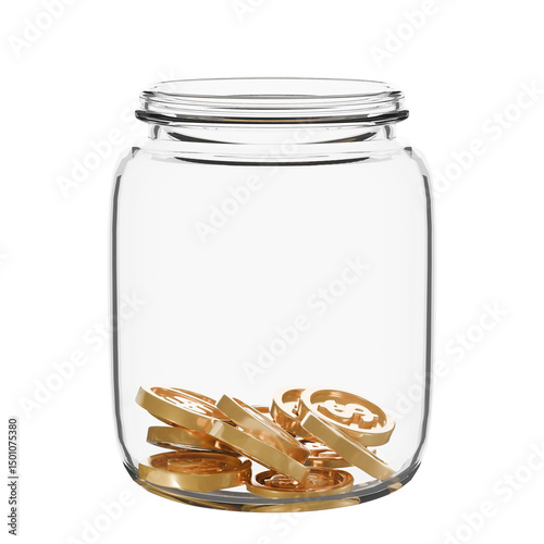 A clear glass jar with a small number of coins inside, representing modest savings, budgeting beginnings, pocket change storage, or minimal financial reserves.