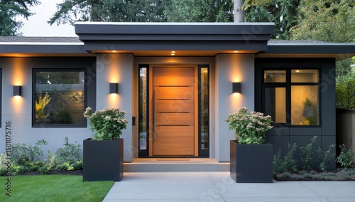 Modern home entrance with light-wood door and gray accents