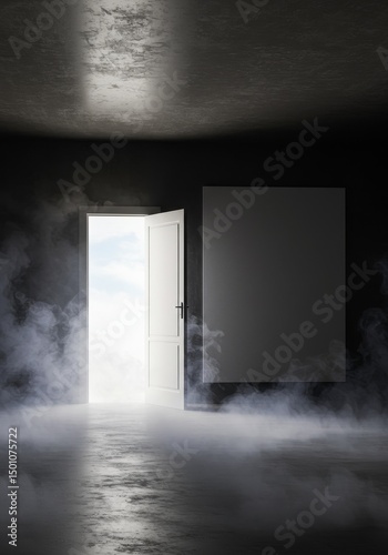 Open Doorway in a Dark Room With Dramatic Smoke and Bright Light Photo